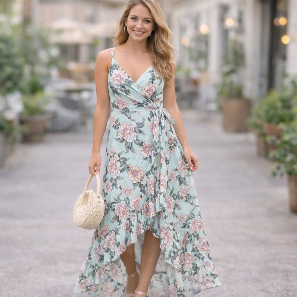 Altar’d State Floral High Low Sleeveless Wrap Dress Size Medium Mint Flowy